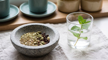 Fennel seeds, cardamom pods and cloves in a stone bowl beside a glass of water with fresh mint, in soft ErasaVir teal light