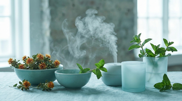 Conceptual botanical still life of safflower and peppermint in teal tones, representing ErasaVir's plant-based approach to nasal hygiene and a runny nose