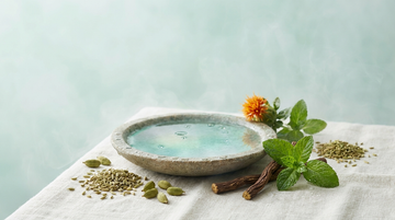 Fennel seeds, green cardamom pods, liquorice root and a peppermint sprig around a shallow stone dish of water, with a single safflower bloom, in soft teal light